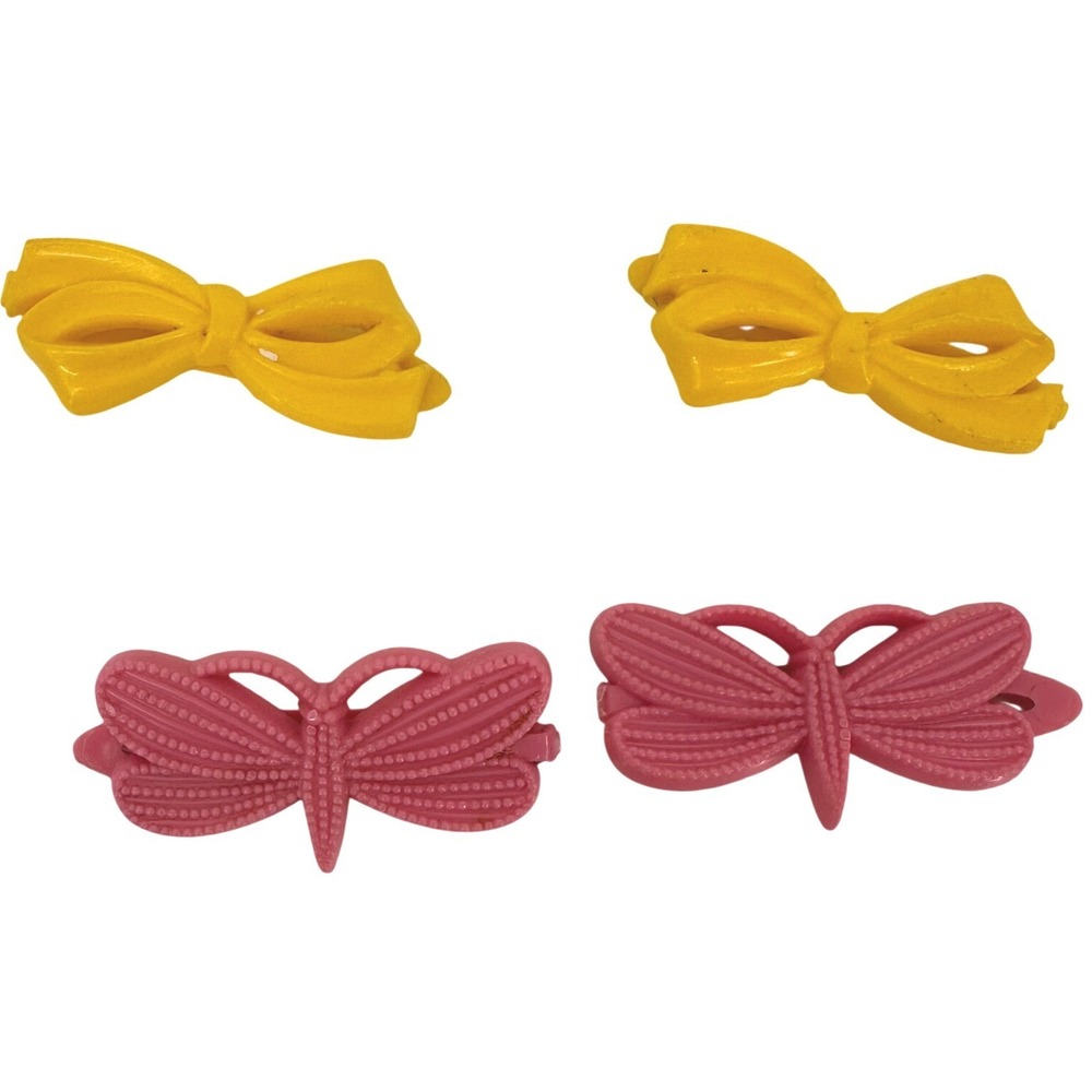 Vintage Hair Clips Snap Barettes Lot of 4 Pink Yellow Retro Bow Dragonfly 80s